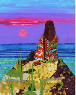Cover artwork for It Is the Seeing: a painted figure in a patterned wrap seated on a rocky shore beneath a magenta and violet sunset.