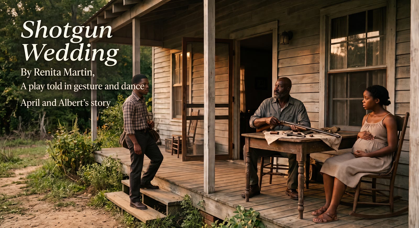 Cover artwork for Renita Martin's Shotgun Wedding, showing a young man approaching a farmhouse porch where an older man cleans a shotgun beside a seated pregnant woman.